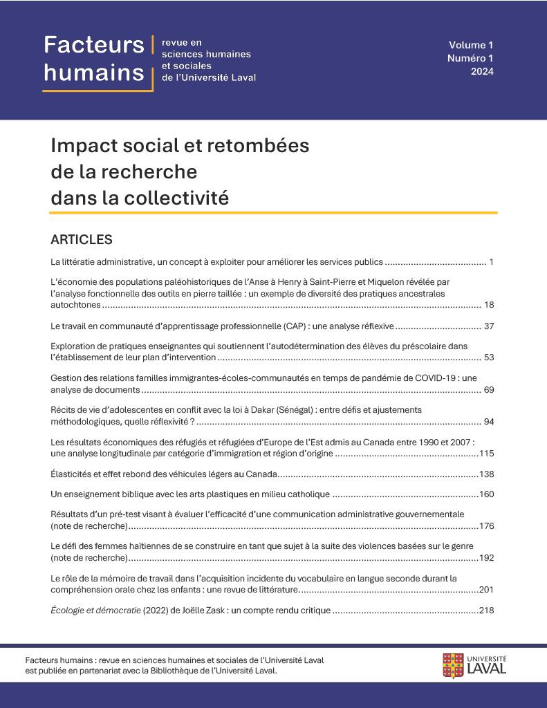 Page couverture et table des matières du numéro 1 de Facteurs humains